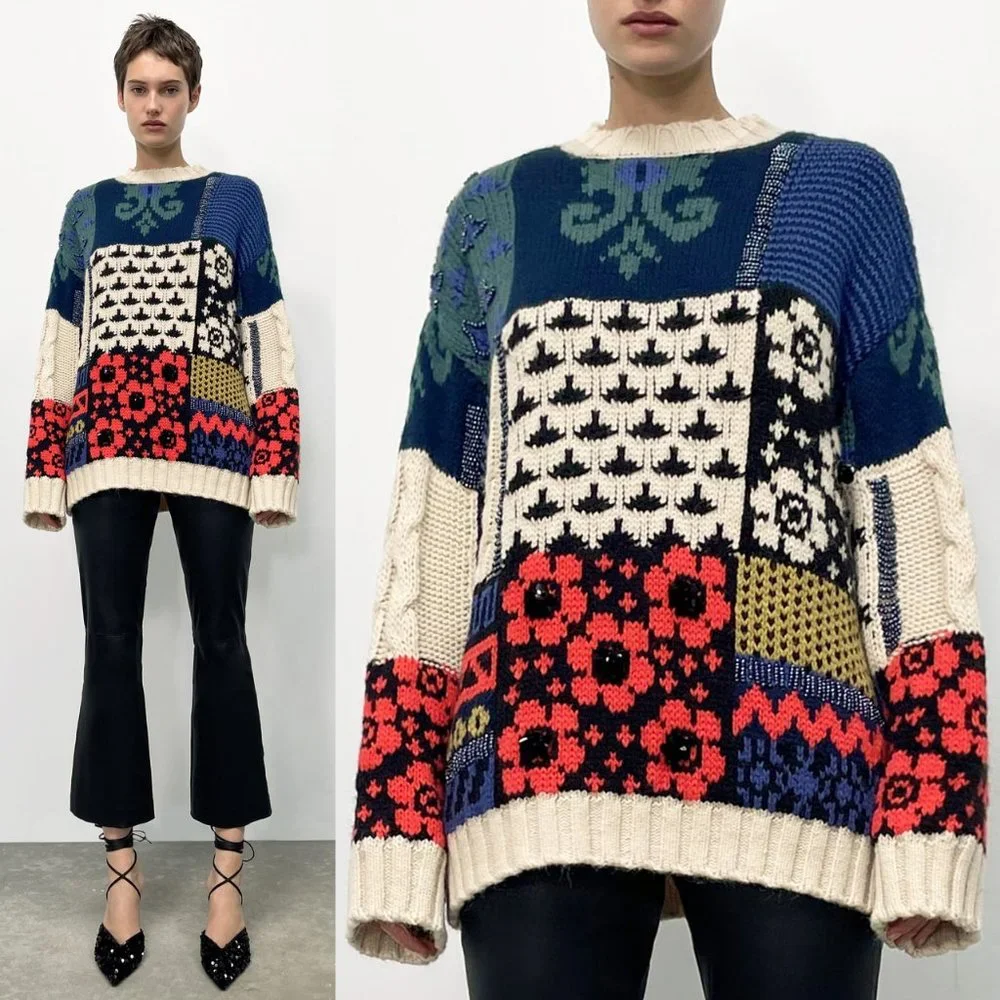 NEW Zara Patchwork Wool Blend Beaded Applique Oversize Limited Edition Sweater M - Picture 3 of 16
